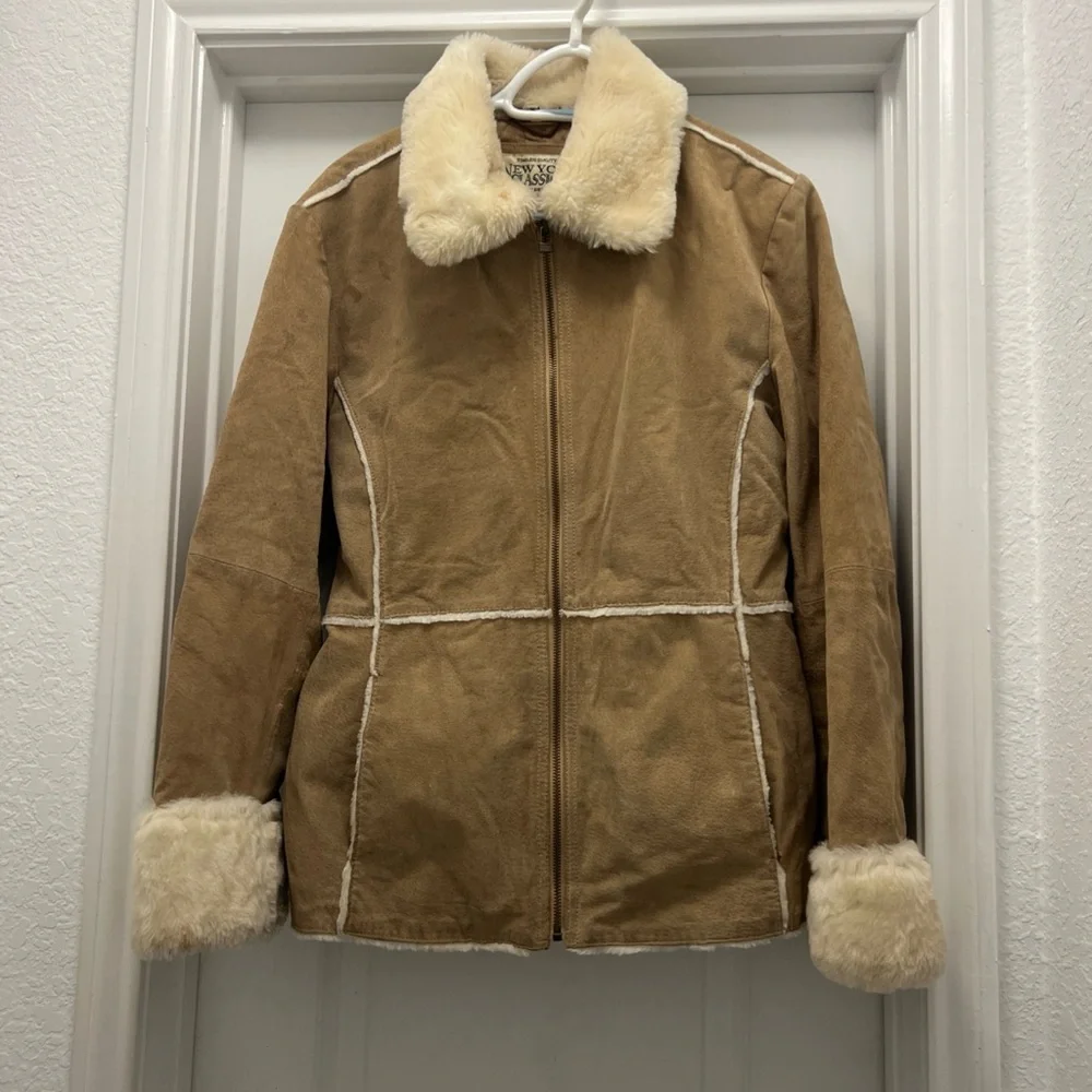 New York Classics Genuine Leather Shearling Jacket Coat Brown M - Picture 2 of 12